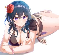 Rule 34 | 1girl, bare arms, bare shoulders, bikini, black bikini, blue hair, breasts, byleth (female) (fire emblem), byleth (female) (summer) (fire emblem), byleth (fire emblem), fire emblem, fire emblem: three houses, fire emblem heroes, flower, highres, large breasts, long hair, looking at viewer, nintendo, official alternate costume, parted lips, purple eyes, red flower, satoimo chika, simple background, solo, swimsuit, thighs, white background