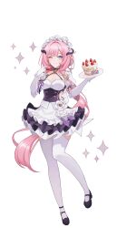Rule 34 | 1girl, ;), absurdres, bare shoulders, black dress, black footwear, black hairband, blue eyes, breasts, cake, closed mouth, commentary request, dress, elbow gloves, elysia (honkai impact), elysia (miss pink elf) (honkai impact), food, frilled gloves, frilled hairband, frills, fruit, full body, gloves, hairband, highres, holding, holding food, holding plate, honkai (series), honkai impact 3rd, horns, long hair, looking at viewer, medium breasts, one eye closed, pink hair, plate, pleated dress, puffy short sleeves, puffy sleeves, shoes, short sleeves, simple background, sinonomemikann, smile, solo, sparkle, strawberry, thighhighs, very long hair, white background, white gloves, white thighhighs