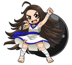 Rule 34 | 1girl, armpits, ball and chain (weapon), barefoot, blush stickers, brown eyes, brown hair, chang koehan, full body, genderswap, genderswap (mtf), metal ball, long hair, looking at viewer, open mouth, pretty chang, simple background, smile, solo, the king of fighters, the king of fighters all-stars, white background, yuuya (blue scarab)