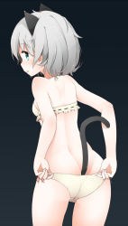 Rule 34 | 1girl, animal ears, ass, bad id, bad pixiv id, black background, blush, bra, cat ears, cat tail, green eyes, highres, kinakomoti, looking at viewer, panties, sanya v. litvyak, short hair, side-tie panties, silver hair, simple background, solo, strike witches, tail, tail raised, underwear, underwear only, white bra, white panties, world witches series
