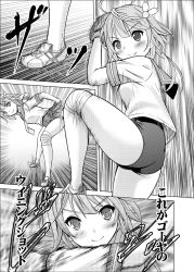 Rule 34 | &gt;:), 10s, 1girl, ahoge, arm up, bandaged knees, baseball glove, bent over, blush, comic, emphasis lines, greyscale, hair ornament, highres, i-58 (kancolle), impending throw, kantai collection, leg up, legs apart, monochrome, motion blur, motion lines, neko danshaku, no socks, one-piece swimsuit, sailor collar, school swimsuit, school uniform, serafuku, shoes, short sleeves, smile, sneakers, standing, swimsuit, swimsuit under clothes, throwing, translation request, v-shaped eyebrows