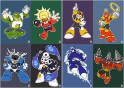 Rule 34 | arm cannon, bandages, bright man, capcom, dive man, drill hand, drill man, dust man, fighting stance, full body, gloves, hand up, helmet, highres, jewelry, light bulb, looking at viewer, mega man (classic), mega man (series), mega man 4, no humans, no mouth, non-humanoid robot, pharaoh man, ring, ring man, robot, robot ears, skull, skull man, standing, swimming, toad man, underwater, weapon