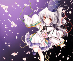 Rule 34 | 1girl, branch, cherry blossoms, female focus, gradient background, hat, japanese clothes, komiru, leg up, long sleeves, looking at viewer, mononobe no futo, open hand, ponytail, red eyes, ribbon, short hair, silver hair, smile, solo, tate eboshi, touhou, wide sleeves