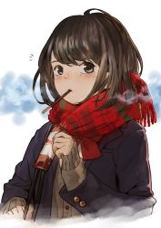Rule 34 | 1girl, black eyes, blush, bow, brown hair, cardigan, eating, food, highres, holding, holding food, holding pocky, nemoto yuuma, original, pocky, pocky day, red bow, red scarf, scarf, school uniform, sleeves past wrists, solo
