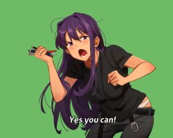 Rule 34 | 1girl, black pants, black shirt, clenched hand, commentary, cowboy shot, doki doki literature club, green background, hair intakes, hair ornament, hairclip, hand up, highres, holding, holding pen, just do it (meme), khyle., leaning forward, meme, panties, pants, panty peek, pen, purple eyes, purple hair, shirt, simple background, solo, standing, underwear, white panties, yuri (doki doki literature club)