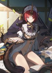 Rule 34 | 1girl, alternate costume, blue eyes, book, bow, bowtie, cleavage, collar, commentary request, fate/apocrypha, fate (series), frankenstein&#039;s monster (fate), habit, hair over eyes, holding, holding book, horns, open book, plant, red hair, revealing clothes, see-through, see-through cleavage, seinen, short hair, single horn, sitting, solo, spiked collar, spikes, thorns, vines, yokozuwari