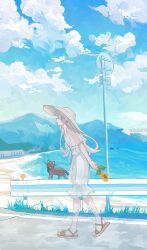 Rule 34 | 1girl, absurdres, arms behind back, beach, black cat, blue eyes, blue sky, blue theme, brown footwear, cat, cloud, day, dress, flower, from side, grass, hat, highres, holding, holding flower, ivelovedsekaowa, long hair, looking ahead, mountainous horizon, ocean, original, outdoors, road, road sign, sandals, scenery, sign, sky, smudge, solo, summer, sun hat, sundress, sunflower, transparent, walking, white dress, white hair, white hat, wide shot