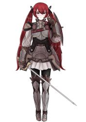 Rule 34 | 1girl, armor, cryopon, female focus, fire emblem, fire emblem fates, full body, gauntlets, greaves, highres, holding, holding sword, holding weapon, looking at viewer, nintendo, red eyes, red hair, selena (fire emblem fates), severa (fire emblem), shield, simple background, skirt, solo, sword, twintails, weapon