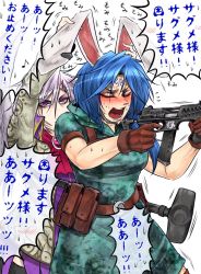 Rule 34 | 2girls, ammunition belt, ammunition pouch, animal ears, arms up, blue hair, blush, closed eyes, commentary request, cowboy shot, dress, eargasm, eyelashes, eyeshadow, feathered wings, finger on trigger, from side, gloves, gun, hammer, headset, holding, holding gun, holding weapon, hood, hood down, hooded dress, jacket, kishin sagume, light purple hair, long hair, long sleeves, looking at another, makeup, multiple girls, musical note, open mouth, outstretched arms, pouch, purple dress, purple eyes, quaver, rabbit ears, ryuuichi (f dragon), seiran (touhou), short sleeves, shouting, simple background, smile, spoken blush, spoken musical note, standing, sweat, tattoo, thighhighs, touhou, translation request, uncommon stimulation, weapon, white background, wing collar, wings