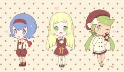 Rule 34 | 3girls, :d, :p, alternate costume, arm behind back, arms behind back, baggy pants, beret, blonde hair, blue eyes, blue hair, blush, bow, box, braid, brown dress, brown footwear, brown hairband, brown headwear, brown legwear, brown shorts, brown skirt, chibi, commentary, creatures (company), dark-skinned female, dark skin, dress, english commentary, french braid, full body, game freak, gift, gift box, green eyes, green hair, hair bow, hairband, hat, heart, heart-shaped box, holding, holding gift, hugging object, kneehighs, lana (pokemon), lillie (pokemon), long hair, long sleeves, looking at viewer, low twintails, mallow (pokemon), mary janes, mei (maysroom), multiple girls, nintendo, one eye closed, open mouth, pants, pink background, pleated skirt, pokemon, pokemon sm, polka dot, polka dot background, shoes, short dress, short hair, shorts, sidelocks, signature, skirt, smile, socks, standing, straight hair, suspender shorts, suspenders, swept bangs, tongue, tongue out, twintails, valentine, white bow