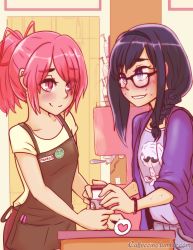 Rule 34 | 10s, 2girls, absurdres, akemi homura, alternate hair length, alternate hairstyle, anthony (madoka magica), apron, barista, bespectacled, black hair, blush, bracelet, braid, brand name imitation, cafe, caffeccino, casual, coffee cup, coffee maker, cup, disposable cup, eye contact, glasses, hairband, heart, highres, hipster, jewelry, kaname madoka, kyubey, looking at another, mahou shoujo madoka magica, mahou shoujo madoka magica (anime), md5 mismatch, multiple girls, name tag, pink eyes, pink hair, ponytail, purple eyes, resized, resolution mismatch, shy, source smaller, spoken heart, starbucks, sweat, upscaled, watermark, wavy mouth, web address, yuri