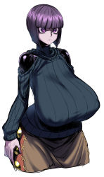 Rule 34 | 1girl, bare shoulders, blunt bangs, breasts, closed mouth, clothing cutout, covered erect nipples, grey background, hatching (texture), highres, huge breasts, necro-chan (spacezin), original, purple eyes, purple hair, ribbed sweater, shaded face, short hair, shoulder cutout, simple background, sketch, solo, spacezin, sweater, turtleneck, turtleneck sweater