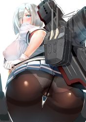 Rule 34 | 10s, 1girl, ass, blue eyes, blush, breasts, brown pantyhose, covered erect nipples, crotch seam, from behind, gloves, hair ornament, hair over shoulder, hairclip, hamakaze (kancolle), highres, huge breasts, kantai collection, leaning forward, looking at viewer, looking back, miniskirt, panties, panties under pantyhose, pantyhose, pleated skirt, school uniform, serafuku, silver hair, skirt, solo, takamura wamu, thigh gap, thighband pantyhose, underwear, upskirt, white gloves