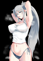 Rule 34 | 1girl, absurdres, armpits, arms behind head, arms up, black background, breasts, cleavage, collarbone, commentary, elf, grey eyes, grey hair, hair between eyes, head tilt, highres, karona, large breasts, long hair, looking at viewer, mole, mole under eye, navel, original, panties, parted lips, pointy ears, ponytail, sidelocks, simple background, smell, steam, steaming body, stomach, sweat, tank top, teeth, underwear, white tank top