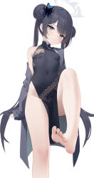 Rule 34 | 1girl, absurdres, barefoot, black dress, black hair, blue archive, breasts, china dress, chinese clothes, coat, covered navel, double bun, dragon print, dress, feet, foot out of frame, grey coat, groin, hair bun, halo, head tilt, highres, kisaki (blue archive), looking at viewer, pelvic curtain, simple background, small breasts, soles, solo, striped, striped coat, toes, twintails, vertical-striped coat, white background, yushan liang sheng