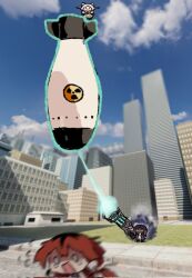 Rule 34 | 1boy, 1girl, black coat, blunt bangs, building, chibi, city, cityscape, coat, corrupted twitter file, dress, fern (sousou no frieren), fleeing, full body, game screenshot background, garry&#039;s mod, gravity gun, highres, holding, holding weapon, long hair, nuclear weapon, open clothes, open coat, purple hair, radiation symbol, red hair, short hair, skyscraper, sousou no frieren, stark (sousou no frieren), weapon, wersman, white dress