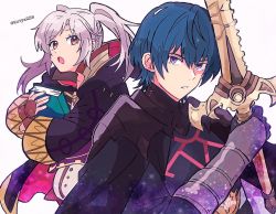 Rule 34 | 1boy, 1girl, armor, blue eyes, blue hair, book, byleth (fire emblem), byleth (male) (fire emblem), cape, fire emblem, fire emblem: three houses, gloves, green eyes, highres, kiriya (552260), long hair, long sleeves, looking at viewer, nintendo, open mouth, robin (female) (fire emblem), robin (fire emblem), short hair, simple background, super smash bros., sword of the creator, twintails, white hair