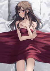 Rule 34 | 1girl, absurdres, bed sheet, blanket, blue eyes, blush, breasts, brown hair, check commentary, commentary request, from above, hand on own chest, highres, holding own arm, kiona (giraffe kiona), long hair, looking at viewer, lying, messy hair, naked sheet, on back, original, parted lips, pillow, small breasts, solo, sweatdrop, under covers
