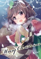 Rule 34 | 1girl, animal ears, blush, brown eyes, brown hair, christmas, fang, futatsuiwa mamizou, glasses, japanese clothes, kimono, leaf, leaf on head, looking at viewer, merry christmas, mittens, open mouth, pince-nez, raccoon ears, raccoon tail, sen1986, short hair, smile, solo, tail, touhou