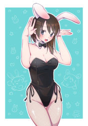 Rule 34 | 1girl, absurdres, aki (girls und panzer), alternate headwear, animal ears, aqua background, artist name, black bow, black bowtie, black eyes, black leotard, black pantyhose, blush, bow, bowtie, breasts, brown hair, cleavage, collar, commentary, covered navel, cowboy shot, dated, detached collar, fake animal ears, fishnet pantyhose, fishnets, girls und panzer, hair over shoulder, heart, heart background, highres, itsumip, leotard, long hair, looking at viewer, medium breasts, medium hair, mika (girls und panzer), mikko (girls und panzer), open mouth, outline, outside border, pantyhose, playboy bunny, rabbit background, rabbit ears, rabbit pose, side-tie leotard, signature, smile, solo, standing, star (symbol), starry background, strapless, strapless leotard, sweatdrop, thigh gap, white collar, white outline, wing collar, wrist cuffs