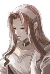 Rule 34 | 1girl, breasts, brown eyes, brown hair, catiua powell, closed mouth, collarbone, hairband, jewelry, long hair, simple background, solo, sumeragi (black rose), tactics ogre, white background