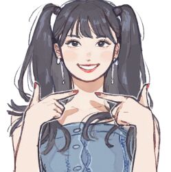 Rule 34 | 1girl, bare shoulders, blush, brown eyes, collarbone, commentary, denim shirt, earrings, finger gun, hair behind ear, highres, jewelry, k-pop, komachi (koma 106), long hair, looking at viewer, momo (twice), nail polish, parted lips, photo-referenced, portrait, real life, red lips, red nails, smile, solo, symbol-only commentary, twice (group), twintails, white background