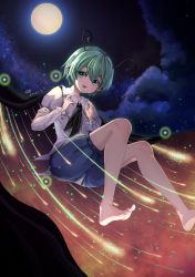 1girl, :d, antennae, barefoot, bing (01969), black cape, blue shorts, bright pupils, cape, collarbone, commentary request, danmaku, dated, eyebrows visible through hair, feet, flat chest, floating, foot out of frame, frilled shirt collar, frills, from below, full moon, green eyes, green hair, hair between eyes, hands up, highres, juliet sleeves, light blush, long sleeves, looking to the side, moon, night, night sky, open mouth, pointy ears, puffy sleeves, shirt, short hair, shorts, signature, sky, smile, solo, star (sky), toes, touhou, tree, white shirt, wriggle nightbug