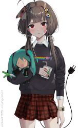 Rule 34 | 1girl, ahoge, alternate hairstyle, aqua hair, artist name, bandaid, bandaid on face, black nails, black sweater, blunt bangs, brown hair, bug, cable, cable tail, character doll, cowboy shot, drink, earrings, electric plug, eyelashes, fingernails, hachune miku, hair ornament, hatsune miku, highres, holding, holding drink, insect, insect hair ornament, jewelry, juice box, long sleeves, looking at viewer, mechanical tail, medium hair, microsoft windows, mole, mole under eye, moth, nyan cat, o o, original, parted lips, plaid, plaid skirt, rainbow, red eyes, red skirt, ringed eyes, simple background, skirt, solo, spring onion, standing, sweater, tail, twintails, vickie (cryingrobot), vickie (cryingrobot) (character), vocaloid, watch, white background, wristwatch