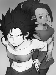Rule 34 | 2girls, bare arms, bare shoulders, black hair, bracelet, breasts, caulifla, collarbone, crop top, dark-skinned female, dark background, dark skin, dragon ball, dragon ball super, expressionless, eyelashes, fingernails, from above, frown, gradient background, grey background, greyscale, half-closed eyes, hand on own arm, hands on own hips, high ponytail, jewelry, kale (dragon ball), kemachiku, leaning, leaning forward, long hair, looking afar, looking at viewer, looking up, medium breasts, monochrome, multiple girls, pantyhose, parted lips, ponytail, shaded face, sidelocks, simple background, skirt, small breasts, spiked hair, standing, strapless, tomboy, tube top, upper body, v-shaped eyebrows, very long hair