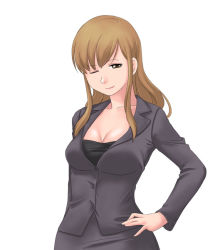 Rule 34 | 00s, 1girl, breasts, cleavage, formal, hand on own hip, jacket, large breasts, maria-sama ga miteru, one eye closed, pencil skirt, skirt, skirt suit, smile, solo, suit, toshifumi, toudou shimako
