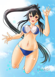 Rule 34 | 1girl, barefoot, bikini, black hair, blue bikini, blue sky, breasts, character name, cloud, commentary request, jumping, kantai collection, large breasts, long hair, looking at viewer, navel, ponytail, red eyes, scrunchie, sidelocks, sky, skypixter, smile, solo, swimsuit, two-tone bikini, yahagi (kancolle)
