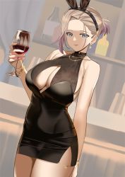 Rule 34 | absurdres, alcohol, animal ears, azur lane, bare arms, bare shoulders, black dress, black hairband, blue eyes, breasts, closed mouth, cowboy shot, dress, drink, earrings, fake animal ears, gradient hair, hairband, highres, jewelry, large breasts, light brown hair, looking at viewer, multicolored hair, necklace, new orleans (azur lane), new orleans (evening agricole) (azur lane), official alternate costume, purple hair, rabbit ears, short hair, smile, thighs, tnr (horiko1525), wine