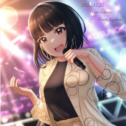 Rule 34 | 1girl, animification, birthday, black hair, blazer, blonde hair, breasts, bright09, brown eyes, character name, colored inner hair, commentary, dated, english text, happy birthday, highres, holding, holding microphone, jacket, kusunoki tomori, medium breasts, microphone, multicolored hair, real life, short hair, sidelocks, signature, solo, two-tone hair, upper body, voice actor