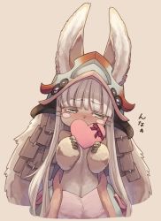 Rule 34 | 1girl, animal ears, averting eyes, blunt bangs, blush, blush stickers, cropped legs, embarrassed, furry, furry female, grey hair, highres, made in abyss, mochi (mochi444420), nanachi (made in abyss), rabbit ears, solo, tan background, valentine, whiskers, yellow eyes
