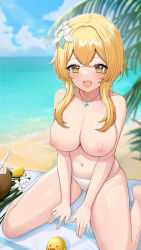 Rule 34 | 1girl, :d, absurdres, beach, bikini, bikini bottom only, blonde hair, blue sky, blush, breasts, cloud, coconut cup, collarbone, day, dot nose, drinking straw, fang, flower, food, fruit, genshin impact, hair flower, hair ornament, highres, jewelry, large breasts, lemon, looking at viewer, lumine (genshin impact), navel, nipples, open mouth, outdoors, pendant, rubber duck, short hair with long locks, sidelocks, sitting, sky, smile, solo, stomach, swimsuit, thighs, topless, uka (315302627), wariza, white flower, yellow eyes