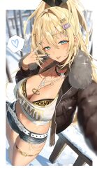 Rule 34 | 1girl, absurdres, animal print, black jacket, blonde hair, blurry, blurry background, bodiedwile, border, bra, bra peek, breasts, crop top, fur-trimmed jacket, fur trim, goddess of victory: nikke, green eyes, gyaru, hair between eyes, hair ornament, heart, high ponytail, highres, jacket, jewelry, large breasts, leopard print, long hair, long sleeves, looking at viewer, midriff, multiple rings, navel, necklace, outdoors, outside border, ring, rupee (nikke), short shorts, shorts, snow, solo, spoken heart, stomach, thigh strap, tongue, tongue out, underwear, white border