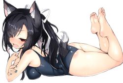 Rule 34 | 1girl, animal ears, armpits, azur lane, barefoot, black hair, blue one-piece swimsuit, dog ears, dog tail, fangs, feet, full body, hair ribbon, half-closed eyes, lying, nail polish, on stomach, one-piece swimsuit, open mouth, red eyes, ribbon, saki chisuzu, school swimsuit, shigure (attack i-490!) (azur lane), shigure (azur lane), shortstack, simple background, soles, solo, swimsuit, tail, the pose, thighs, toes, v-shaped eyebrows, wet, white background, white ribbon