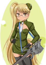 Rule 34 | 10s, 1girl, black gloves, black thighhighs, blonde hair, cleavage cutout, clothing cutout, cowboy shot, dog tail, dress, evolution championship series, garrison cap, glasses, gloves, green dress, guitar, hand on own hip, hat, highres, holding, instrument, long hair, long sleeves, looking at viewer, necktie, retoree (show by rock!!), show by rock!!, solo, standing, tail, thighhighs, twintails, very long hair, wan&#039;yan aguda, yellow eyes