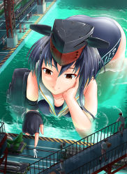Rule 34 | 1girl, 6+boys, absurdres, admiral (kancolle), aircraft, ass, bare arms, black gloves, blue hair, blue one-piece swimsuit, box, breasts, brown eyes, cart, collarbone, dock, fingerless gloves, giant, giantess, gloves, hand on own cheek, hand on own face, hat, headpat, highres, i-13 (kancolle), kantai collection, looking at another, medium breasts, multiple boys, new school swimsuit, one-piece swimsuit, partially submerged, school swimsuit, short hair, single glove, size difference, smile, solo focus, swimsuit, torpedo, trw18 th, wet