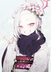 Rule 34 | 1girl, absurdres, blue archive, blush, floral print, flower, forehead, grin, hair bun, hair flower, hair ornament, halo, hand up, highres, japanese clothes, kimono, long hair, long sleeves, looking at viewer, mutsuki (blue archive), mutsuki (new year) (blue archive), obi, official alternate costume, pink eyes, pink flower, pointy ears, print kimono, sash, scarf, simple background, single hair bun, smile, solo, upper body, white background, white hair, white kimono, wide sleeves, yanyo (ogino atsuki)