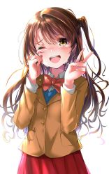 Rule 34 | 1girl, ;d, absurdres, blue sweater, bow, bowtie, brown eyes, brown hair, brown jacket, crying, crying with eyes open, dress shirt, edamame (momonga0308), floating hair, grey shirt, highres, idolmaster, idolmaster cinderella girls, jacket, long hair, one eye closed, open mouth, pleated skirt, red bow, red skirt, school uniform, shimamura uzuki, shirt, side ponytail, simple background, skirt, smile, solo, standing, sweater, tears, v, very long hair, white background