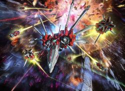 Rule 34 | cover, crimzon clover world explosion, explosion, flying, funnels (gundam), video game cover, glowing, motion blur, official art, science fiction, solo, spacecraft, starfighter, tani (tanidesuyo)