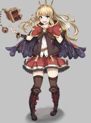 Rule 34 | 1girl, black thighhighs, blonde hair, book, boots, bracelet, bracer, brown thighhighs, cagliostro (granblue fantasy), cape, commentary request, crown, floating, frilled skirt, frills, full body, granblue fantasy, hairband, highres, jewelry, knee boots, koenza botoke, levitation, long hair, purple eyes, round teeth, skirt, solo, teeth, thighhighs, zettai ryouiki