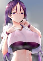 Rule 34 | 1girl, black bra, black sports bra, bra, breasts, chixiao, fate/grand order, fate (series), highres, holding, holding towel, large breasts, long hair, midriff, minamoto no raikou (fate), parted bangs, purple eyes, purple hair, smile, sports bra, sportswear, stomach, sweat, tank top, towel, towel around neck, underwear, very long hair, white towel