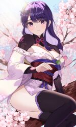 Rule 34 | 1girl, :t, absurdres, ass, black thighhighs, blue sky, breasts, cherry blossoms, cleavage, closed mouth, commentary request, dango, feet out of frame, food, genshin impact, highres, holding, holding skewer, in tree, japanese clothes, kimono, long hair, looking at viewer, outdoors, pink kimono, purple eyes, purple hair, raiden shogun, rererere mon, shrug (clothing), sitting, sitting in tree, skewer, sky, solo, thighhighs, tree, wagashi