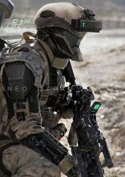 Rule 34 | 1boy, assault rifle, bad id, bad pixiv id, bodysuit, camouflage, english text, gun, heads-up display, helmet, johnson ting, kneeling, load bearing vest, male focus, military, neo japan 2202, original, rifle, science fiction, solo, weapon