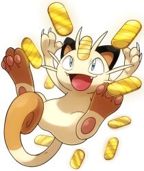 Rule 34 | blue eyes, cat, claws, creatures (company), feet, full body, game freak, gen 1 pokemon, kure1001, looking up, meowth, nintendo, open mouth, pawpads, pokemon, pokemon (creature), smile, solo, whiskers, white background