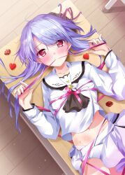 Rule 34 | 1girl, asahina yori, ascot, black ascot, blue hair, blush, bow, closed mouth, clothes lift, collarbone, commentary request, cowboy shot, dutch angle, eyes visible through hair, from above, hair ribbon, hair spread out, hands up, heart, highres, indoors, long hair, long sleeves, looking at viewer, lying, miniskirt, mouth hold, navel, on back, panties, panty peek, pink bow, pink ribbon, red eyes, ribbon, ribbon in mouth, sailor collar, school uniform, shirt, shirt lift, shy, skirt, skirt lift, solo, sorakado ao, summer pockets, swept bangs, underwear, w arms, white panties, white sailor collar, white shirt, white skirt