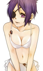 Rule 34 | 1girl, bad id, bad pixiv id, breasts, chrome dokuro, cleavage, closed mouth, eyepatch, katekyo hitman reborn!, navel, pin, purple eyes, purple hair, short hair, simple background, skull, solo, swimsuit, white background