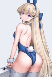 Rule 34 | 1girl, animal ears, asamura hiori, ass, back, bare shoulders, blonde hair, blue archive, blue eyes, blue leotard, blush, braid, breasts, briefcase, detached collar, earpiece, fake animal ears, fake tail, french braid, hair ribbon, highleg, highleg leotard, highres, leotard, long hair, looking at viewer, looking back, official alternate costume, playboy bunny, rabbit ears, rabbit tail, ribbon, small breasts, solo, tail, thighhighs, thighs, toki (blue archive), toki (bunny) (blue archive), wrist cuffs